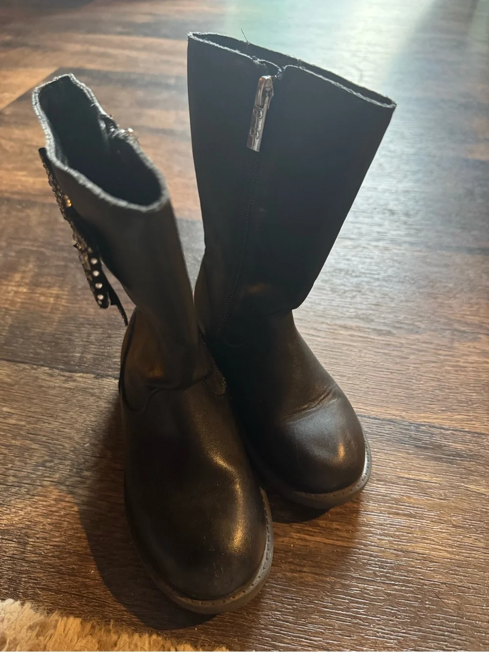 Girls Black Mid-Calf Boots with Studded Bow Accent